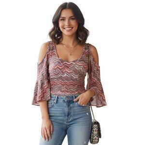 Y2K XOXO Smocked Boho Cold Shoulder Top • Bell Sleeve Chevron Peasant Blouse Vtg